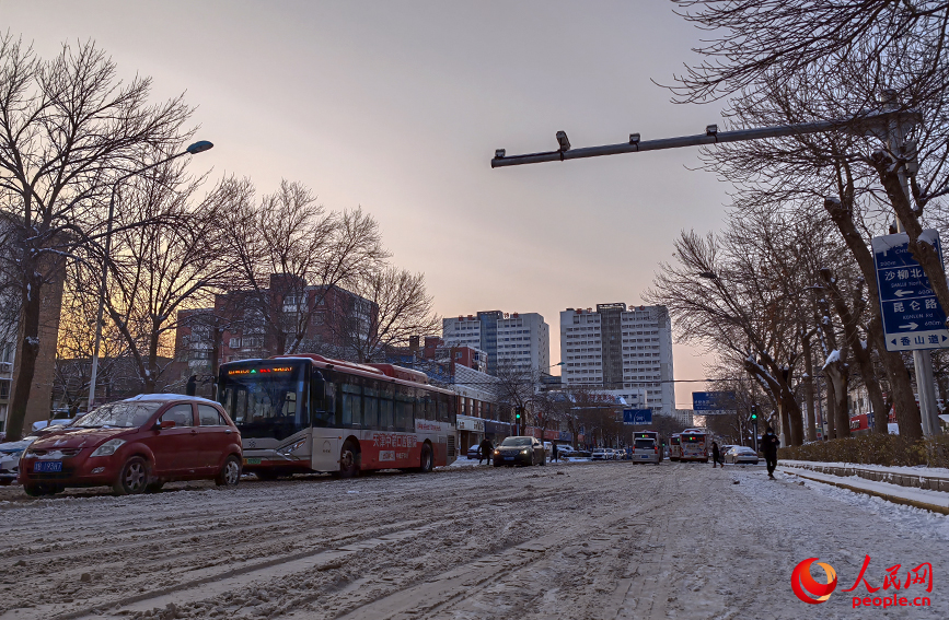 天津市河?xùn)|區(qū)，因降雪影響，天山路上車流量明顯減少。人民網(wǎng)記者 崔新耀攝